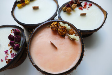 gift concept. original candle in coconut natural soy wax