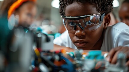Kids engaged in constructing and programming robotics in a classroom, showcasing keen focus and interest, and highlighting the importance of STEM education and practical skills.