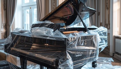 Partially wrapped black grand piano prepared for removal by movers