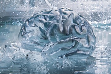 Cryonics and the Pursuit of Eternal Life: A Detailed Illustration of a Frozen Brain Encased in Ice for Future Revival