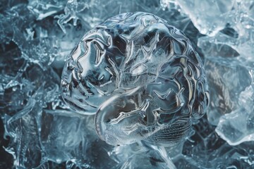 Cryonics and the Pursuit of Eternal Life: A Detailed Illustration of a Frozen Brain Encased in Ice for Future Revival