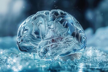 Cryonics and the Pursuit of Eternal Life: A Detailed Illustration of a Frozen Brain Encased in Ice for Future Revival