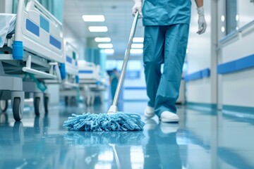 Professional cleaner holding mop cleaning hospital floors and beds