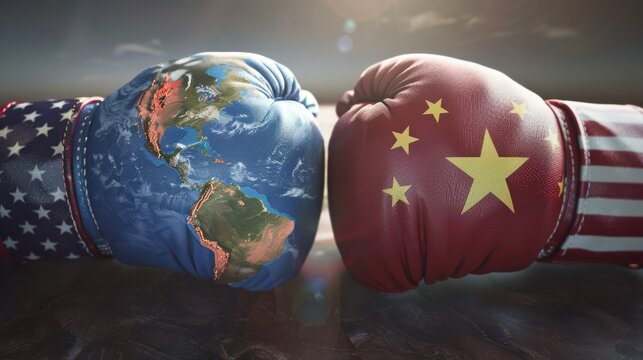 The earth is in the center of two boxing gloves with American and Chinese flags