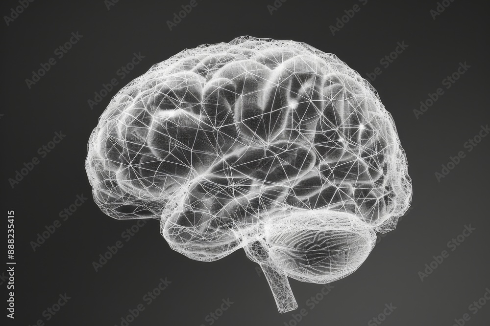Poster futuristic digital art of a glowing white brain with neural connections, symbolizing artificial inte
