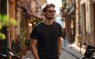 A man in a black t-shirt walks down a city street. Sunlight illuminates the cobblestone pathway