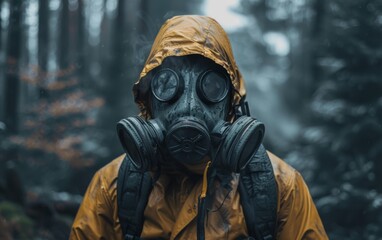 A person wearing a gas mask and a yellow raincoat stands in a dark, overgrown forest