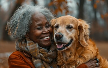 A senior woman with gray hair and a warm smile hugs a golden retriever dog in a fall forest setting