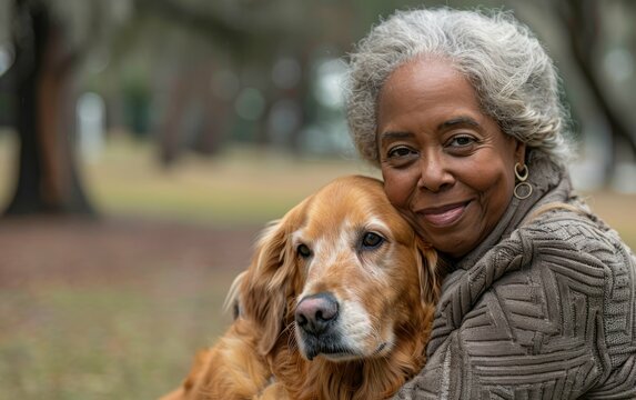 An older woman with gray hair smiles while holding a golden retriever dog in her arms in a park