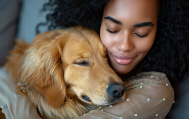 A woman with closed eyes is hugging a golden retriever dog. She is smiling and the dog is resting its head on her shoulder