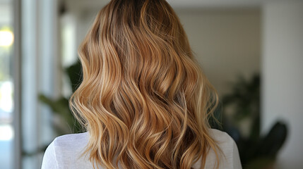 Fototapeta premium Beachy Waves: Achieve a sun-kissed, tousled wave hairstyle with subtle balayage highlights, ideal for a casual beach day or a summer rooftop party, giving you that effortless, windswept look
