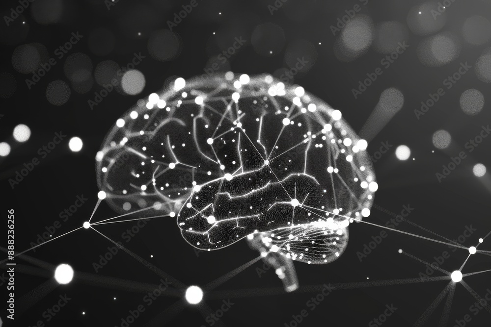 Poster futuristic digital art of a networked brain with glowing neural connections, symbolizing artificial 