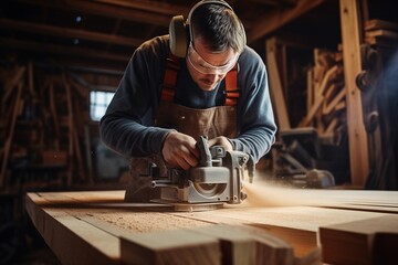 A carpenter working with an electric planer on a wooden plank in their workshop, demonstrating craftsmanship in their successful small business