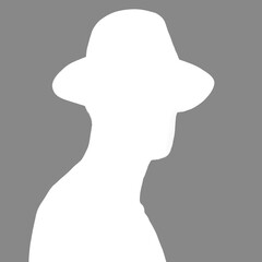 Silhouette of an adult man. Male avatar. Icon for social networks. Portrait with a hat. Gray inverted silhouette isolated on white