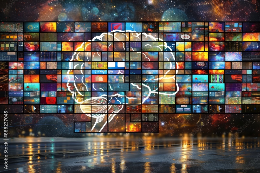 Poster futuristic digital art of a brain with colorful pixels and glowing lights, symbolizing artificial in