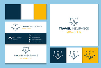 Travel insurance logo concept featuring airplane taking off inside a shield