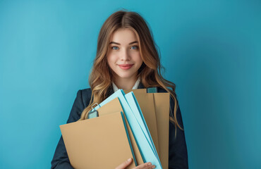 young businesswoman in blue holding files with a confident smile on a turquoise background