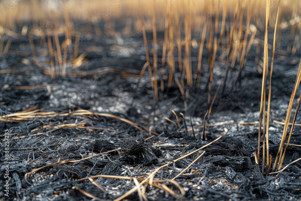 Wall mural Grassy area damaged by fire Consequence of wildfire Disaster and pollution issue Harm to insects and slash and burn farming