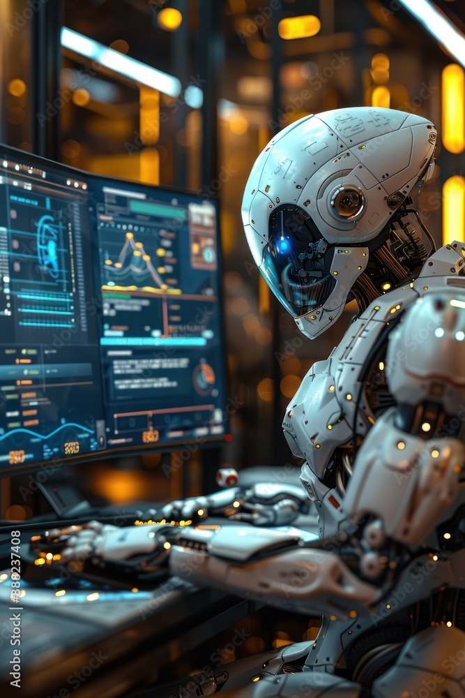 Aufkleber a white robot sits at a desk in an office setting, working on a computer
