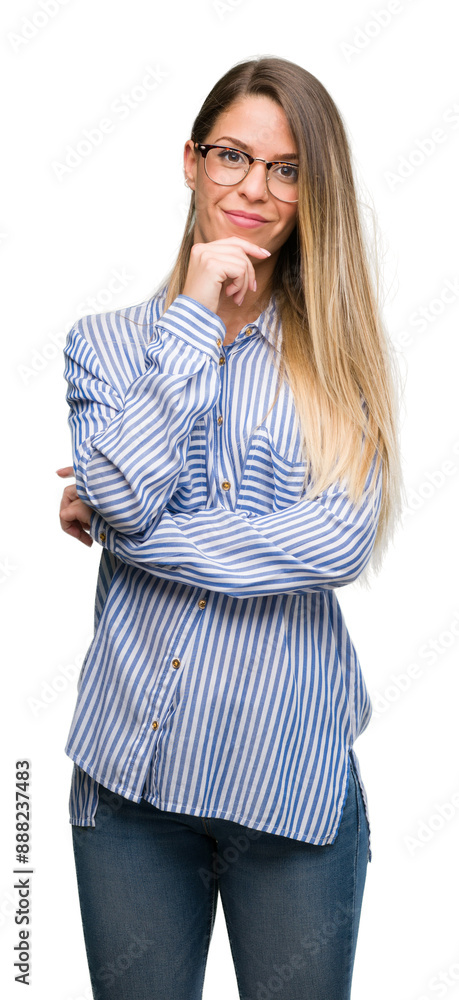 Poster beautiful young woman wearing elegant shirt and glasses looking confident at the camera with smile w