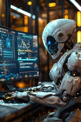 A white robot sits at a desk in an office setting, working on a computer