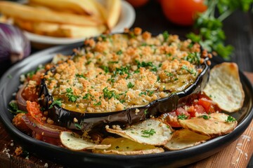 Fototapeta premium Greek Turkish dish Imam Baildi eggplant baked in olive oil with onion tomato garlic parsley topped with bread crumbs and served with potato chips fries
