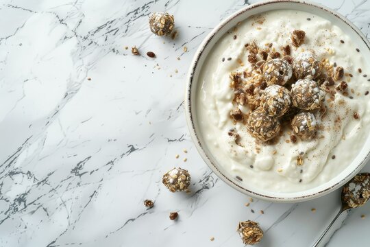 Greek yogurt with wolffia globosa in ceramic bowl on white table background Wolffia plant based protein omega3 minerals Healthy meal