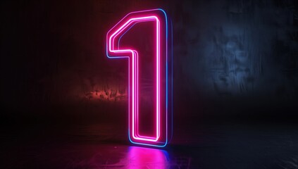 This captivating image features a neon number one glowing vibrantly against a dark background, highlighted by blue and pink neon lights, perfect for modern designs.