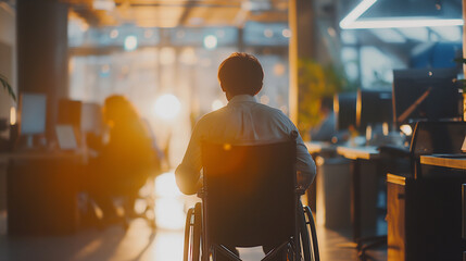 A wheelchair user in an office setting, with blurred workers and desks in the background, symbolizing the spellbinding scene of work life
