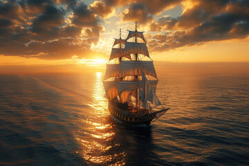 Obraz premium A tall ship with billowing sails navigates the open ocean with a sunset illuminating the sky and water