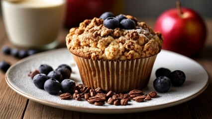  Deliciously baked blueberry muffin with a crunchy topping served on a rustic wooden table