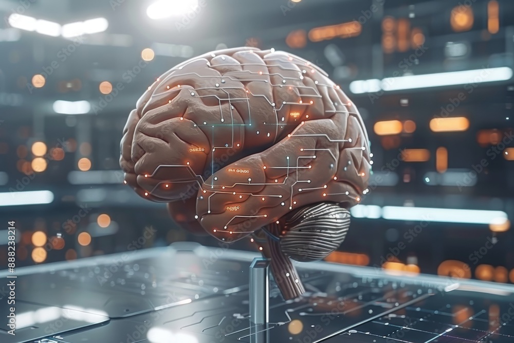 Poster futuristic digital art of a brain with glowing circuits and neural connections, symbolizing artifici