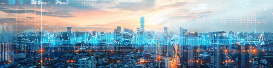Naklejka premium Dynamic Double Exposure Image: Documents and Charts Overlaying a Cityscape, Symbolizing the Intersection of Business Analytics and Urban Development