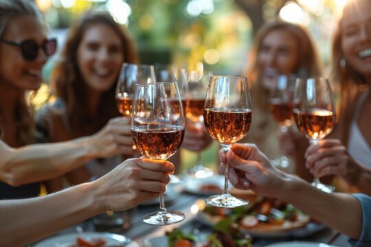A cheerful outdoor BBQ dinner party with friends toasting red wine glasses. Generative AI