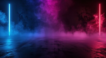 An artistic representation of high contrast neon blue and pink fog illuminated by two vertical lights in a dark room, creating a vibrant and visually striking atmosphere perfect for modern designs.