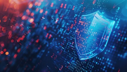 This image depicts a digital shield symbolizing cybersecurity amidst a high-tech background, emphasizing protection and security in the digital era with glowing data and codes.