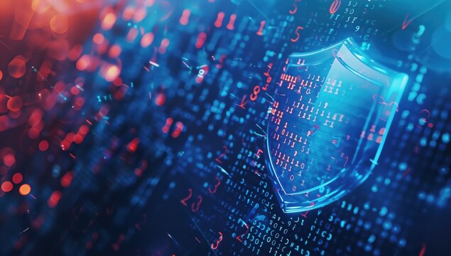 This image depicts a digital shield symbolizing cybersecurity amidst a high-tech background, emphasizing protection and security in the digital era with glowing data and codes.
