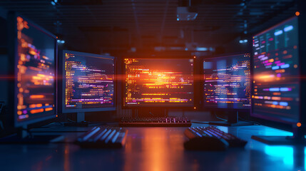 Modern coding bootcamps in tech hubs, top view, emphasizing trendy programming education, futuristic tone, Triadic Color Scheme