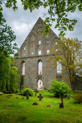 View of the main building of the ruined medieval monastery. St. Bridget’s Convent ruins in Tallinn, Estonia.