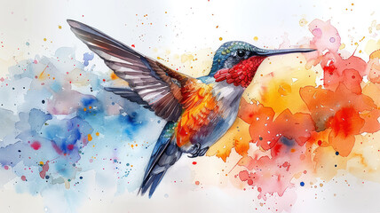 Colorful hummingbird illustration with vibrant watercolor splashes