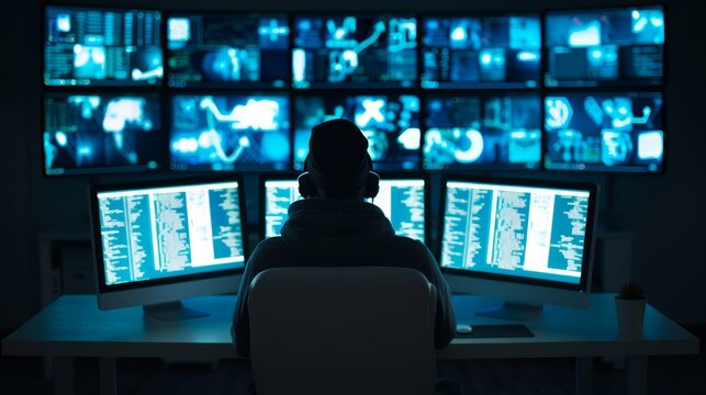 A dark room lit by multiple computer screens displaying hacking activities, high-resolution photo, realistic photo, cinematography
