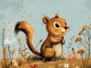 A cheerful chipmunk standing amidst wildflowers and leaves, creating a whimsical scene with a light blue background, evoking a sense of nature and joy.