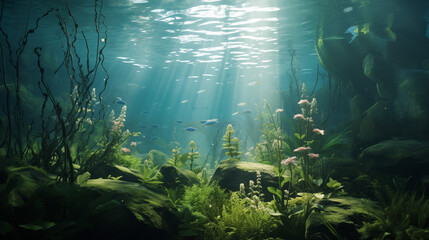 Fototapeta premium Wonderful underwater greenery, ornamental fish, underwater beauty