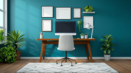 Fototapeta premium Trendy digital art creation in home studios, front view, showcasing modern creativity, advanced tone, Splitcomplementary color scheme
