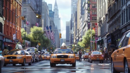 A city street with a taxi cab in the foreground and a few other cars