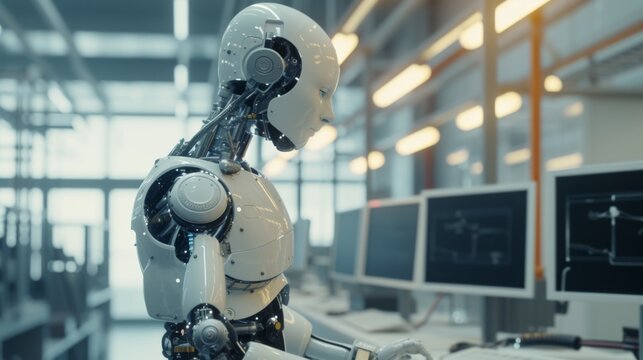 Humanoid robots performing various tasks in an industrial setting - Powered by Adobe