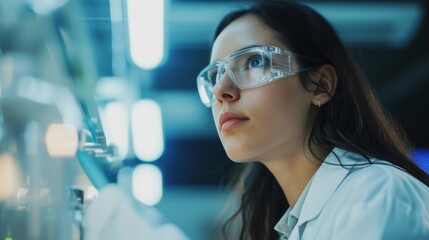 A female researcher wearing a lab coat and safety glasses