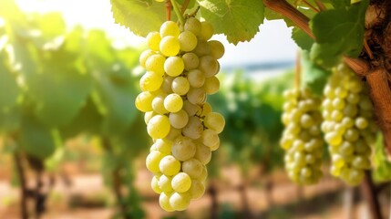 bunch of grapes in the foreground with vineyard in the background