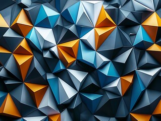 3D rendering of futuristic low poly shapes in blue, orange, and white on a black background. High-detail geometric wallpaper.
