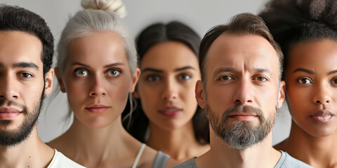 Obraz premium Diverse group of people standing together in unity, multiracial individuals facing camera with serious expressions, diversity inclusion concept